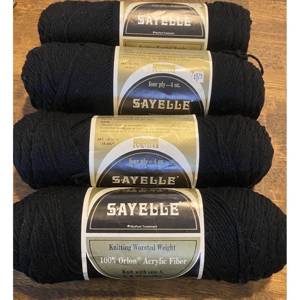 4 Vintage Black Skeins of Yarn Sayelle Orlon Acryllic Same Dye Lot 8606